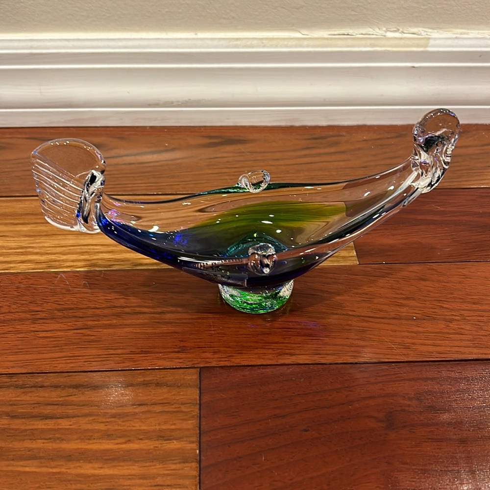 Vintage Murano Venetian Gondola Italian Art Glass Handblown Boat Blue 7 1/2”